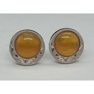 Set Of Baltic Amber Etched Scroll Cuff Links Marked "Silver"
